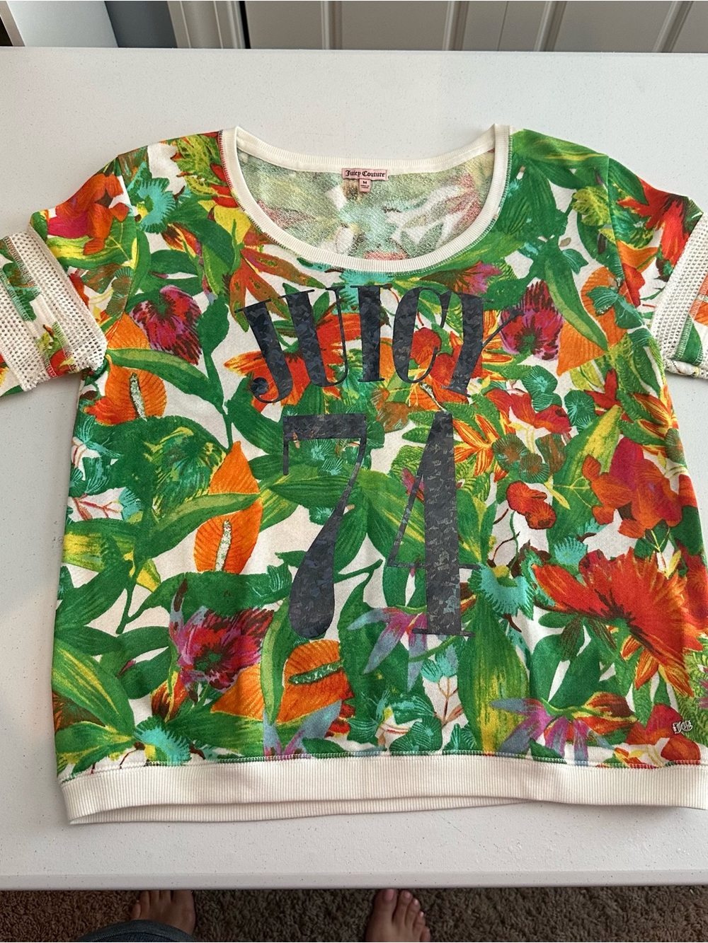 Juicy Couture Tropical Floral Holographic “Juicy 74” Sweatshirt Top Y2K Medium